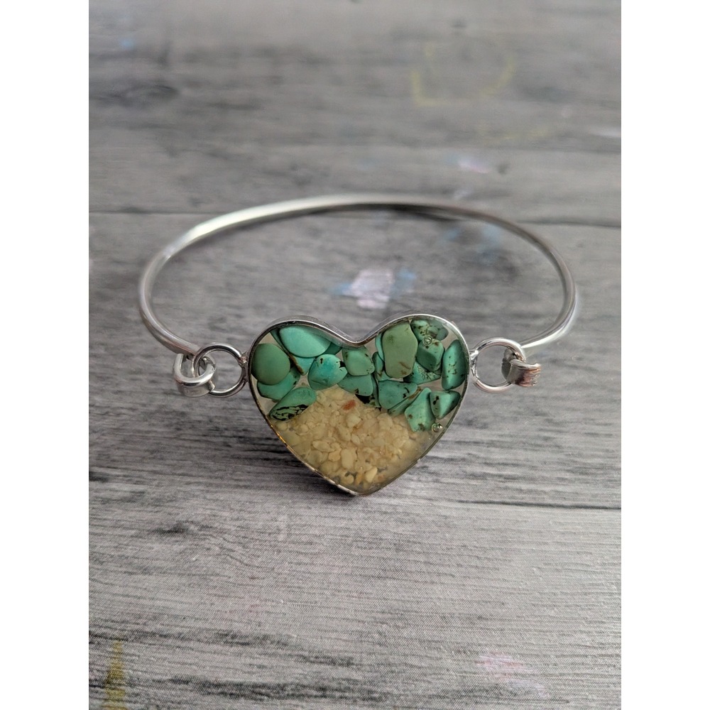 Handmade Turquoise and Sand Heart Bangle Bracelet Silver Tone Beach Jewelry